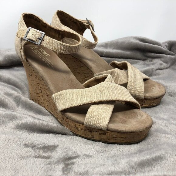 TOMS Natural Sierra Canvas Burlap Crisscross Open Toe Cork Wedge Sandals Sz 9.5 - Picture 1 of 11